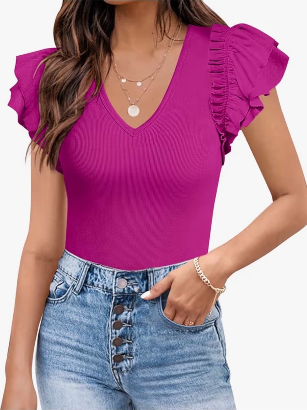 Ruffled Sleeve V-Neck Tee in Fuchsia